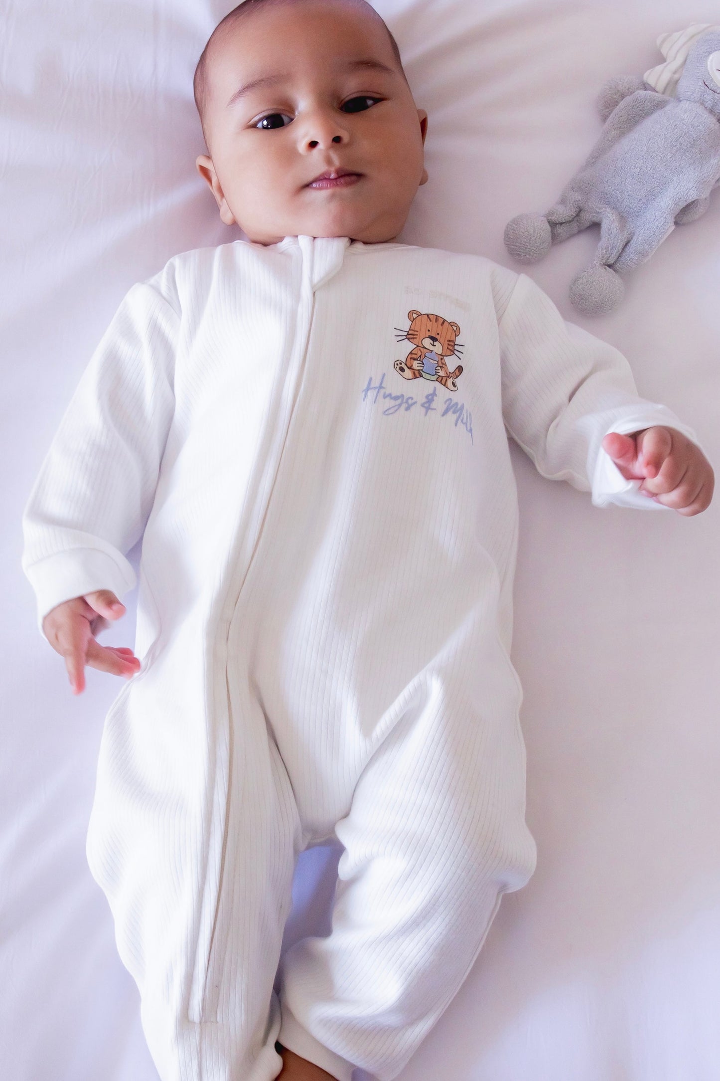 Organic Footless Zipper Onesie- Hugs & Milk in Vanilla White