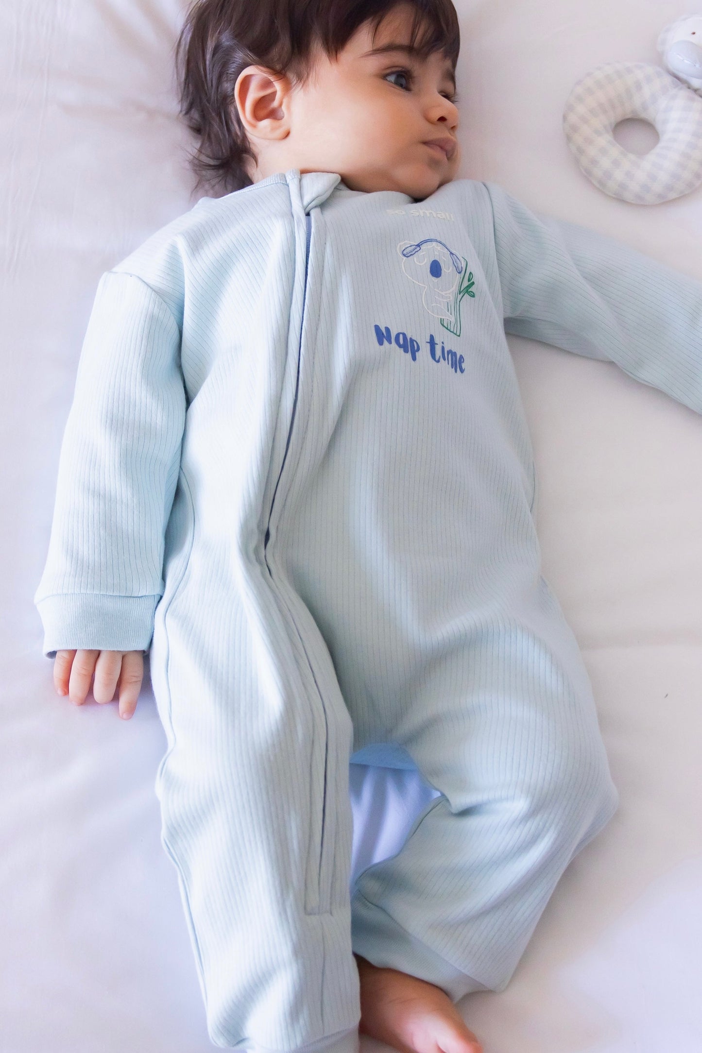 Organic Footless Zipper Onesie- Nap Time in Delicate Blue