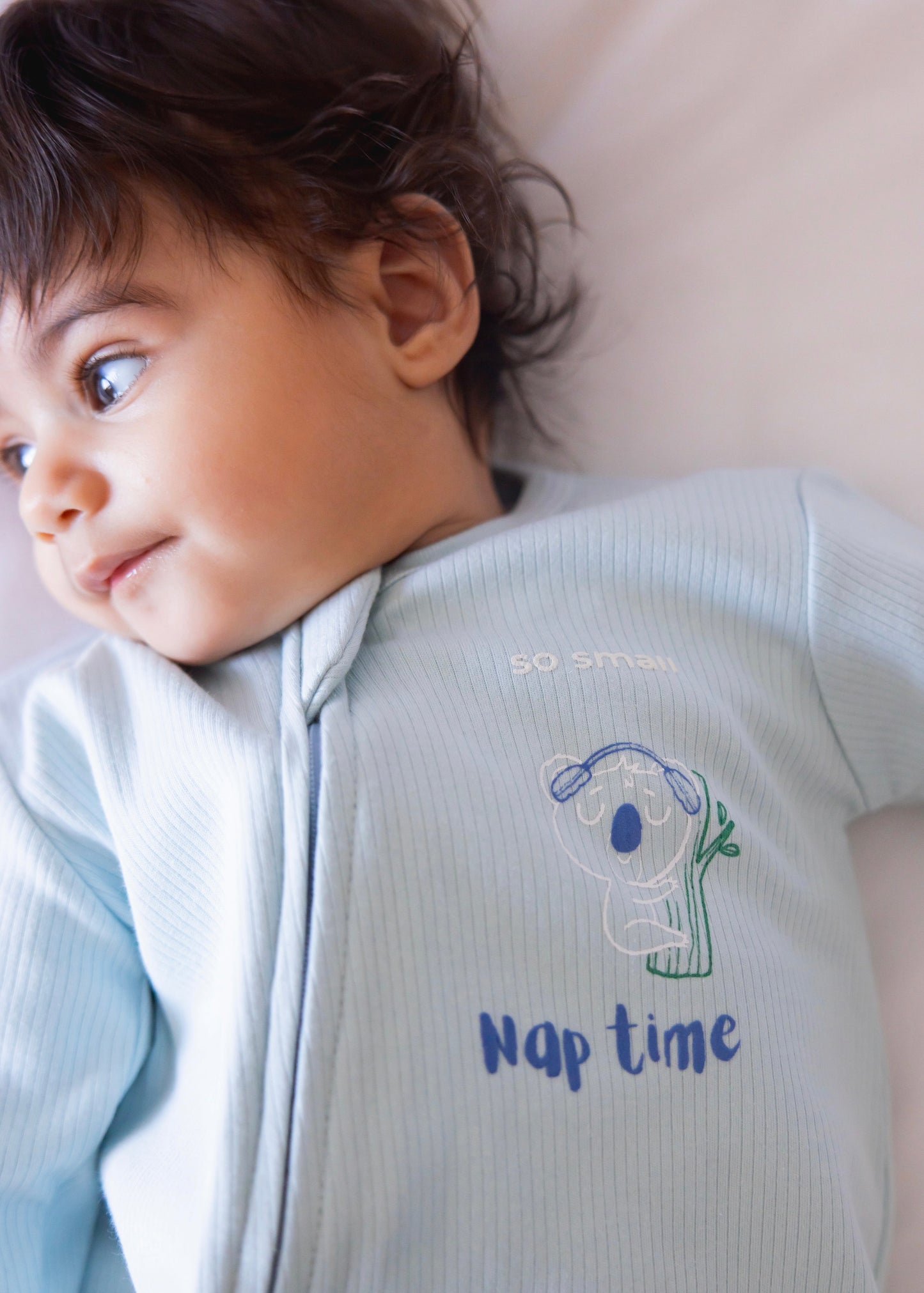 Organic Footless Zipper Onesie- Nap Time in Delicate Blue