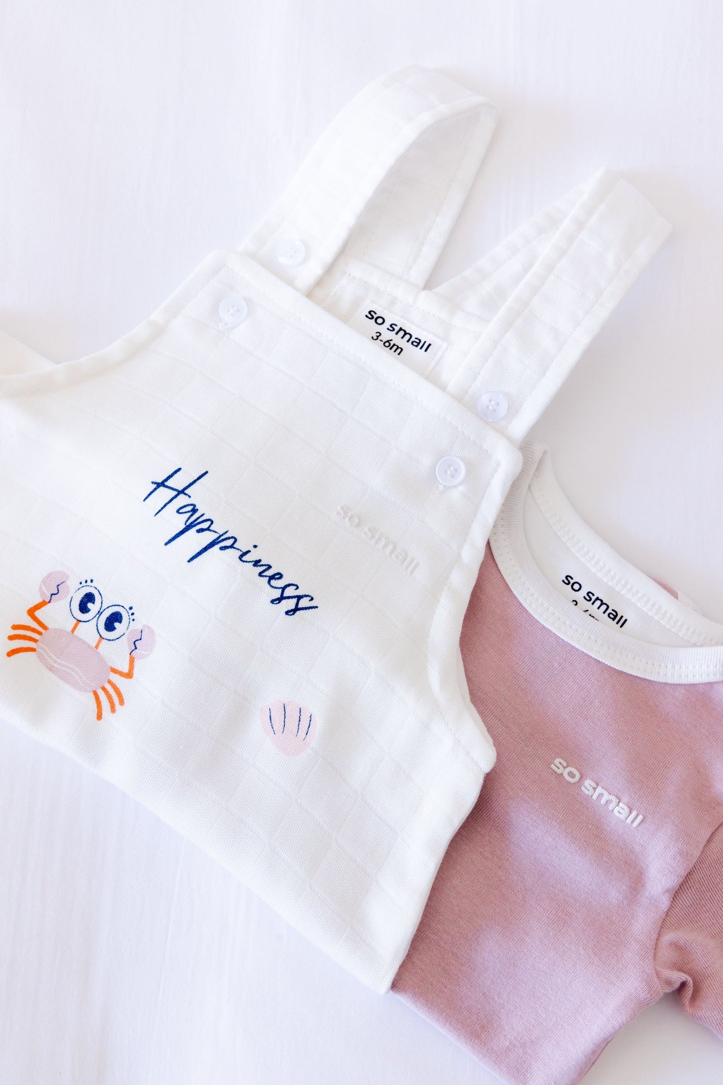 Organic Two-Piece Set (Strawberry Milkshake Bodysuit+ Happiness White Muslin Jumpsuit)