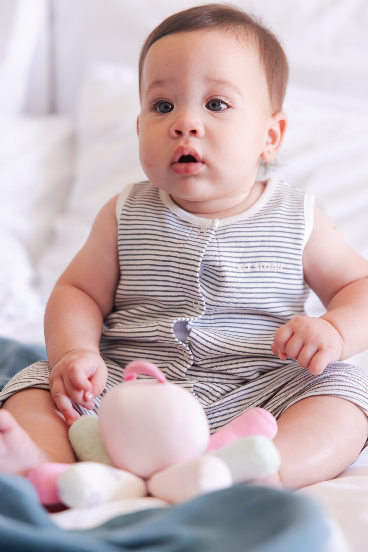 Organic Sleeveless Romper -Barely Blue Striped