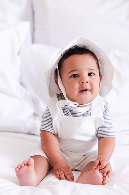 Organic Two-Piece Set (Barely Blue Striped Bodysuit+ White Muslin Jumpsuit)