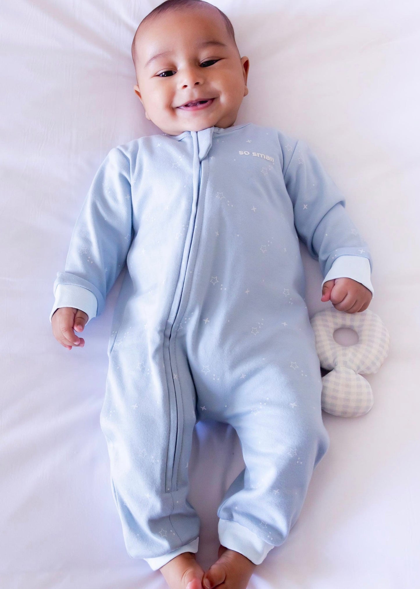 Organic Footless Zipper Onesie- Baby Blue. Baby Star