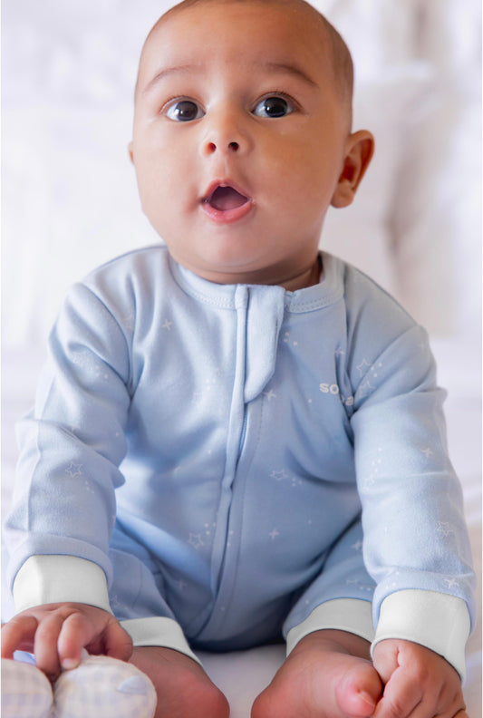 Organic Footless Zipper Onesie- Baby Blue. Baby Star